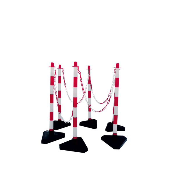 Set of chain posts | 6 posts, white / red | 10 m plastic chain | 10 connectives | with concrete-filled triangular palstic foot,side length 300 mmwhite / red